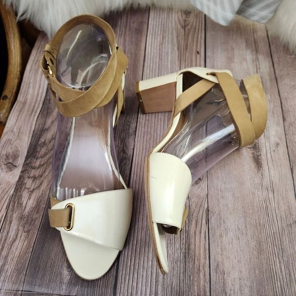 Pierre Hardy Cream/Tan Vtg Leather Ankle Wrap Block Heel Shoes Sz 40/9 - Picture 3 of 16